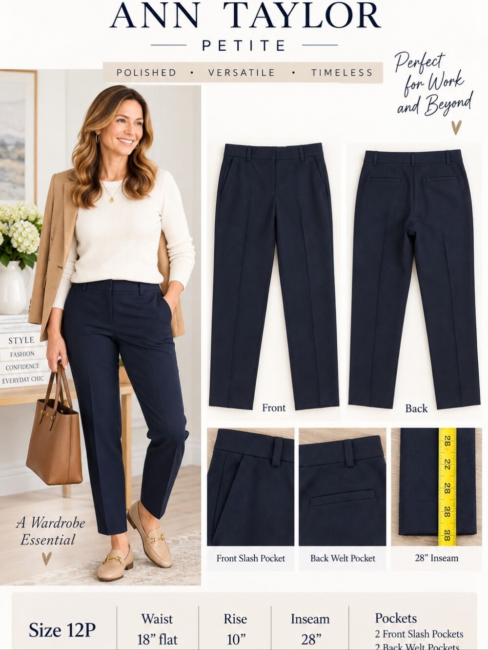 Ann Taylor Petite Navy Blue Seasonless Stretch Ankle Dress Pants Size 12P Career
